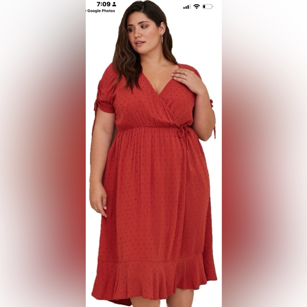 Torrid Swiss Dot Surplice V-Neck Faux Wrap Ruffle Midi Dress Terracotta XL Sz 1